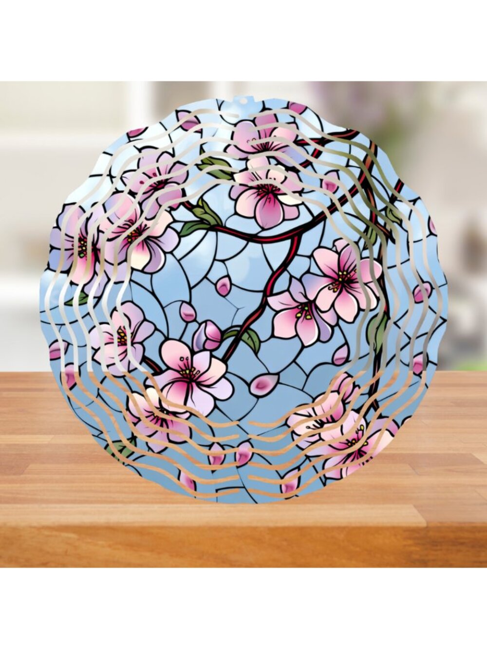 Outdoor Garden Decor Metal Wind Spinner 10 Inch Pink Cherry Blossom Whirligig